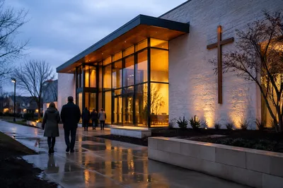 Modern Church Exterior at Peaceful Dusk