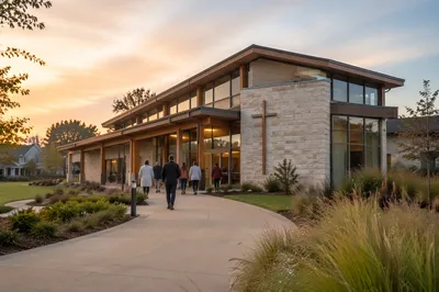 Modern Church Exterior at Peaceful Sunrise