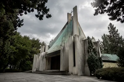 Modern Concrete Church in Wooded Setting