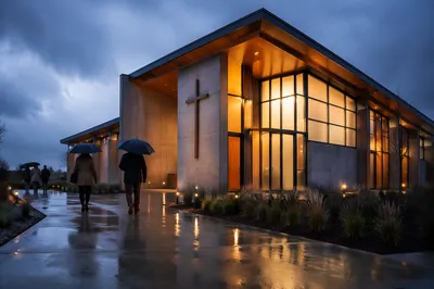 Modern Church Exterior at Rainy Blue Hour