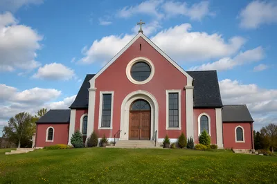 Modern Neighborhood Church Exterior with Green Lawn