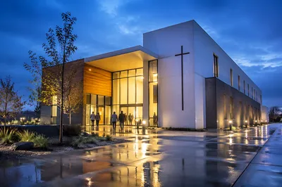 Modern Church Exterior at Peaceful Blue Hour