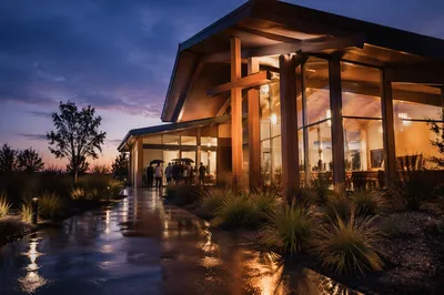 Modern Church Exterior at Rainy Blue Hour