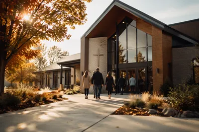 Modern Church Entrance in Autumn Morning Light
