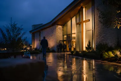 Modern Church Entrance at Rainy Blue Hour