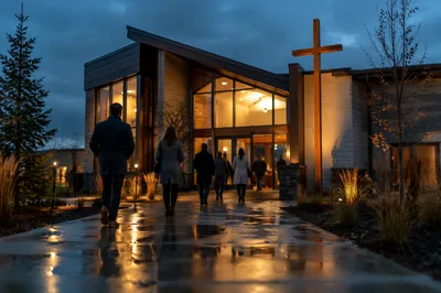 Modern Church Exterior at Rainy Blue Hour