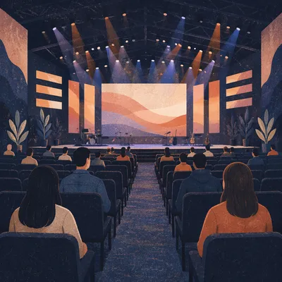 Modern Megachurch Auditorium with Glowing Stage Lights