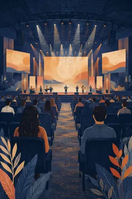 Modern Megachurch Auditorium with Glowing Stage Lights