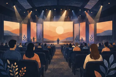 Modern Megachurch Auditorium with Glowing Stage Lights