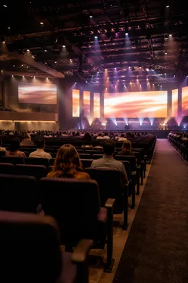 Modern Megachurch Auditorium with Glowing Stage Lights