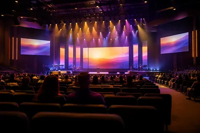 Modern Megachurch Auditorium with Glowing Stage Lights