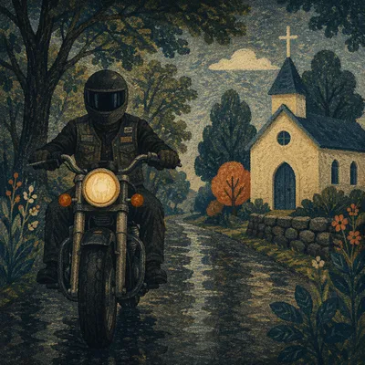 Motorcycle Ministry Rider Near Country Church