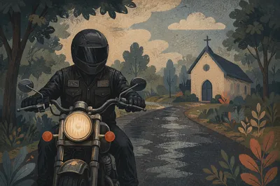 Motorcycle Ministry Rider Near Country Church