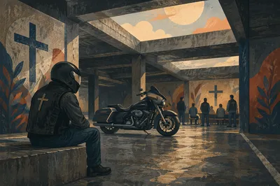 Contemplative Motorcycle Ministry Before Evening Service
