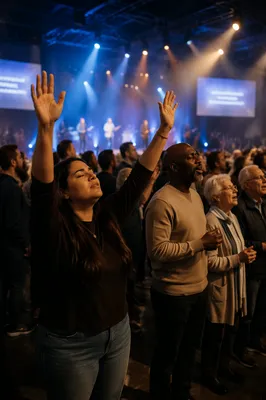 Contemporary Church Worship Service With Raised Hands