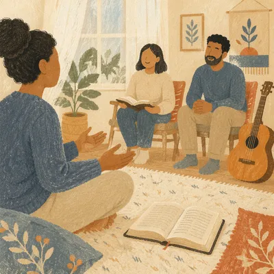 Smiling Multicultural Bible Study in Warm Living Room