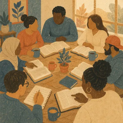 Multicultural Bible Study Around Wooden Table