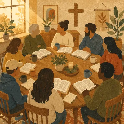 Multicultural Bible Study Fellowship Around Wooden Table