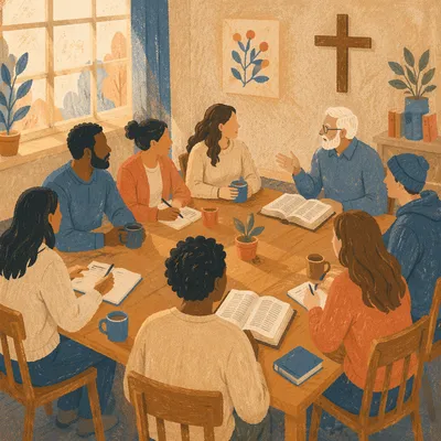 Multicultural Bible Study Fellowship Around Wooden Table