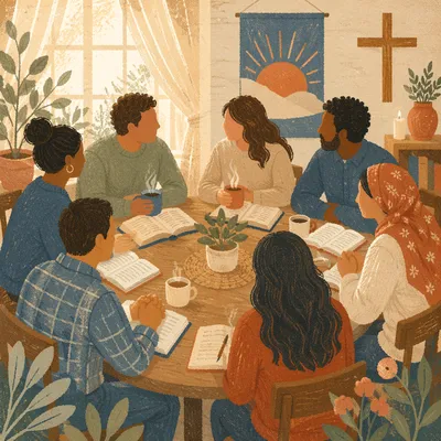 Multicultural Bible Study Fellowship Around Wooden Table