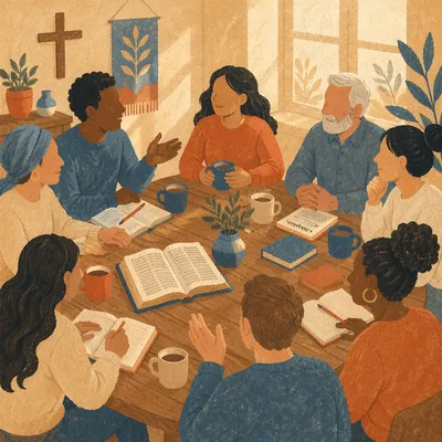 Multicultural Bible Study Fellowship Around Wooden Table