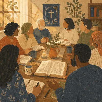 Multicultural Bible Study Fellowship Around Wooden Table