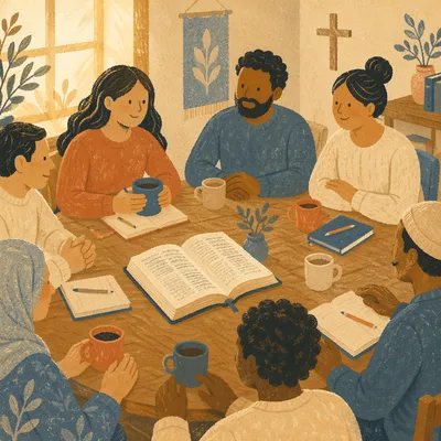 Multicultural Bible Study Around Wooden Table