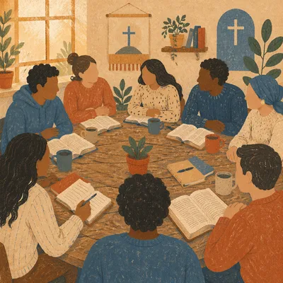 Multicultural Bible Study Around Wooden Table