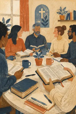 Multicultural Bible Study Around Church Table