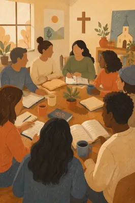 Multicultural Bible Study Circle in Warm Church Light