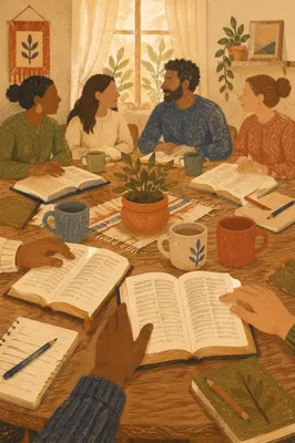 Multicultural Bible Study Fellowship Around Wooden Table