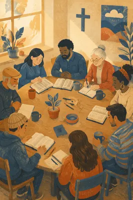 Multicultural Bible Study Fellowship Around Wooden Table