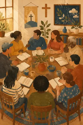 Multicultural Bible Study Fellowship Around Wooden Table