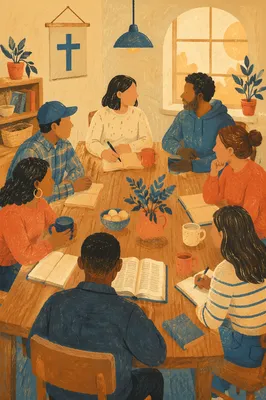 Multicultural Bible Study Fellowship Around Wooden Table