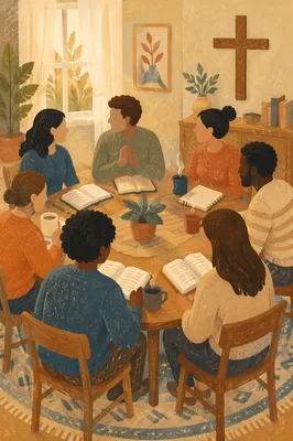 Multicultural Bible Study Fellowship Around Wooden Table