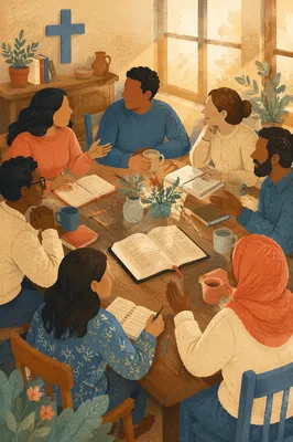 Multicultural Bible Study Fellowship Around Wooden Table