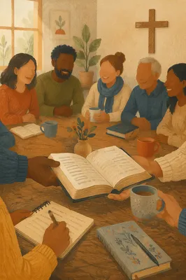 Multicultural Bible Study Fellowship Around Wooden Table