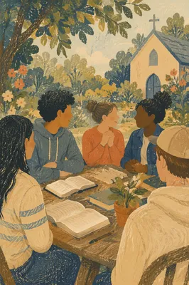 Multicultural Youth Bible Study in Church Garden
