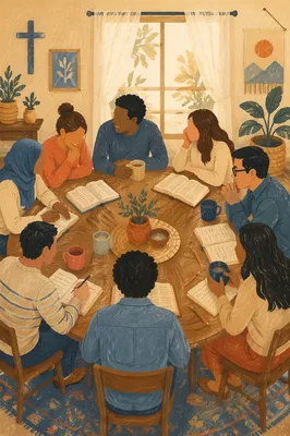 Multicultural Bible Study Fellowship Around Wooden Table