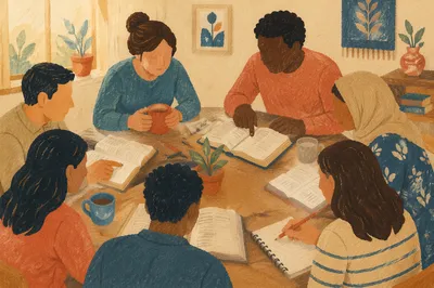Multicultural Bible Study Around Wooden Table