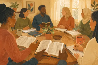 Multicultural Bible Study Fellowship Around Wooden Table