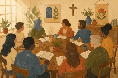 Multicultural Bible Study Fellowship Around Wooden Table