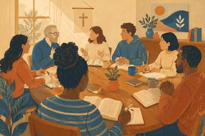 Multicultural Bible Study Fellowship Around Wooden Table