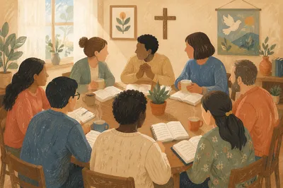 Multicultural Bible Study Fellowship Around Wooden Table