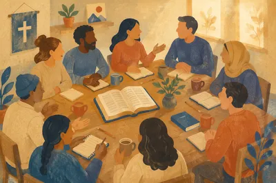 Multicultural Bible Study Fellowship Around Wooden Table