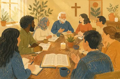 Multicultural Bible Study Fellowship Around Wooden Table