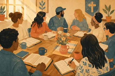 Multicultural Bible Study Around Wooden Table
