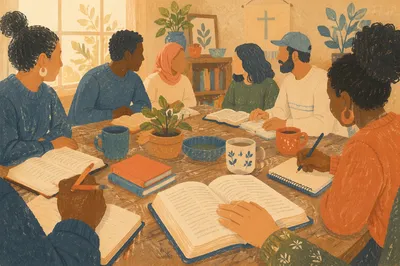 Multicultural Bible Study Around Wooden Table