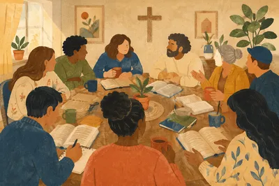 Multicultural Bible Study Fellowship Around Wooden Table