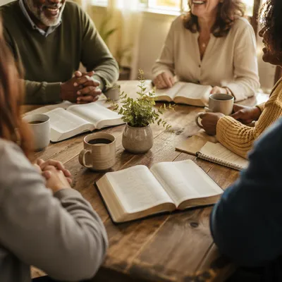 Multicultural Bible Study Fellowship Around Wooden Table